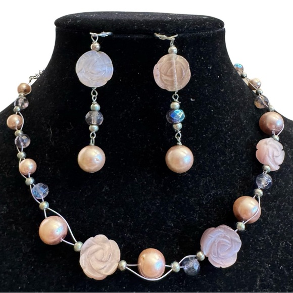 Cookie Lee Necklace and Earrings Set silver wire pink roses, glass pearls, beads - Picture 1 of 16